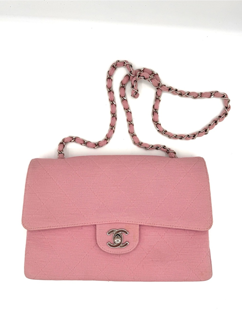 CHANEL Pink Quilted Flap Shoulder Bag with Silver Chain